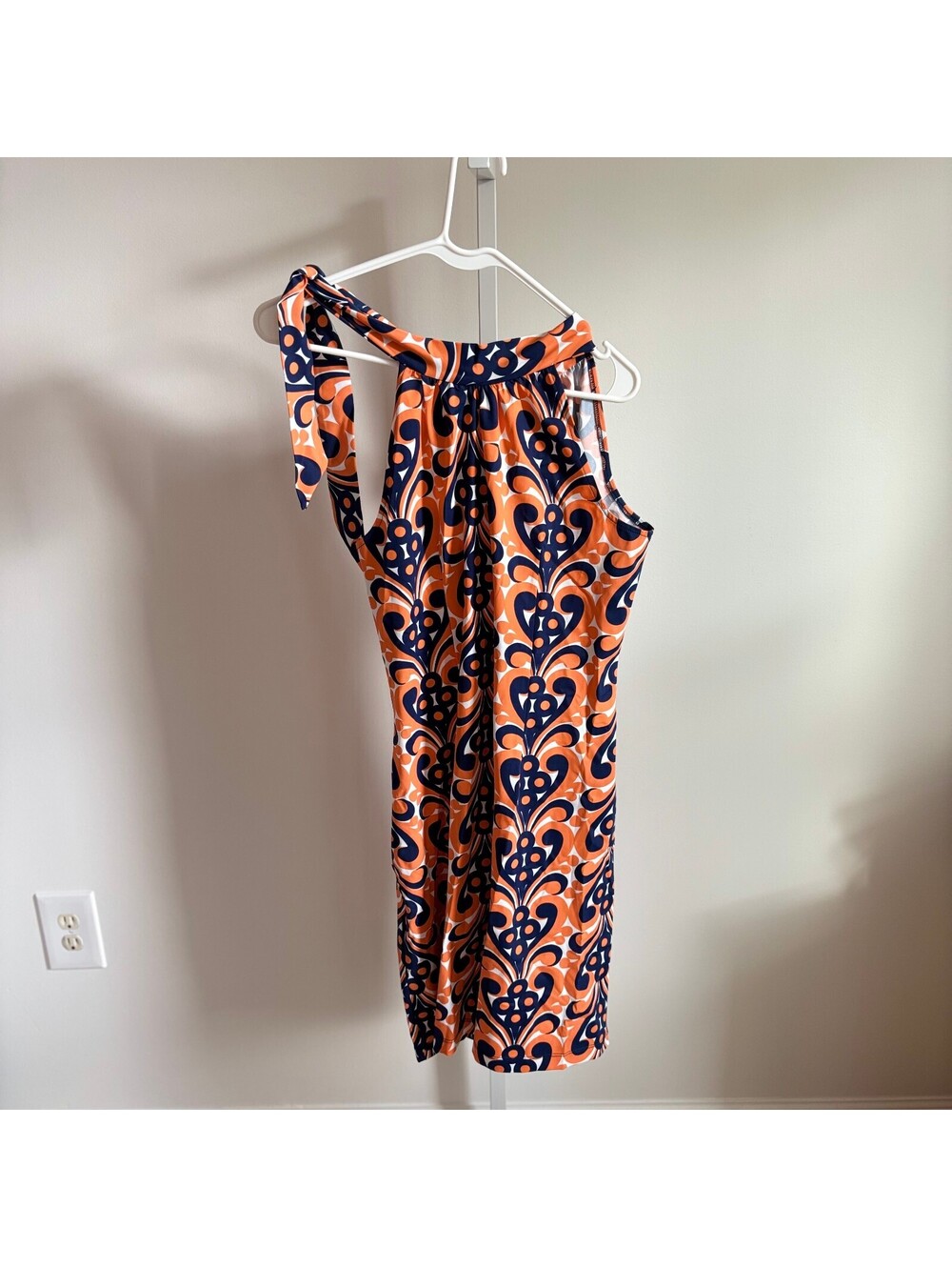 Katherine Way EUC Women's Orange Navy Geo Print Sleeveless Shift Dress Size M